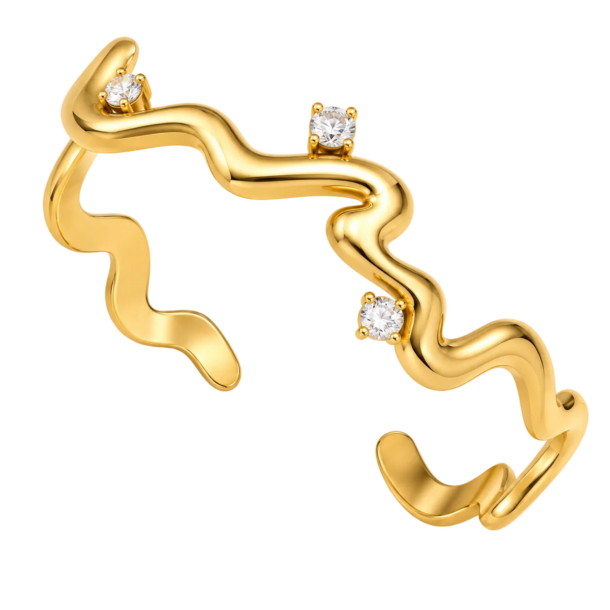 A gold open cuff ring with a wavy, flowing line design and three small clear gemstones set at intervals, shown on a clean white background.