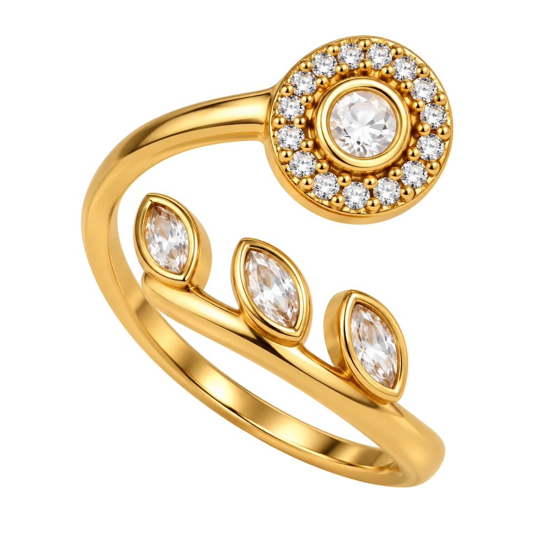 A gold ring featuring a round halo of small clear stones around a central clear gemstone, with three marquise-cut clear stones set along a curved branch, shown on a white background.